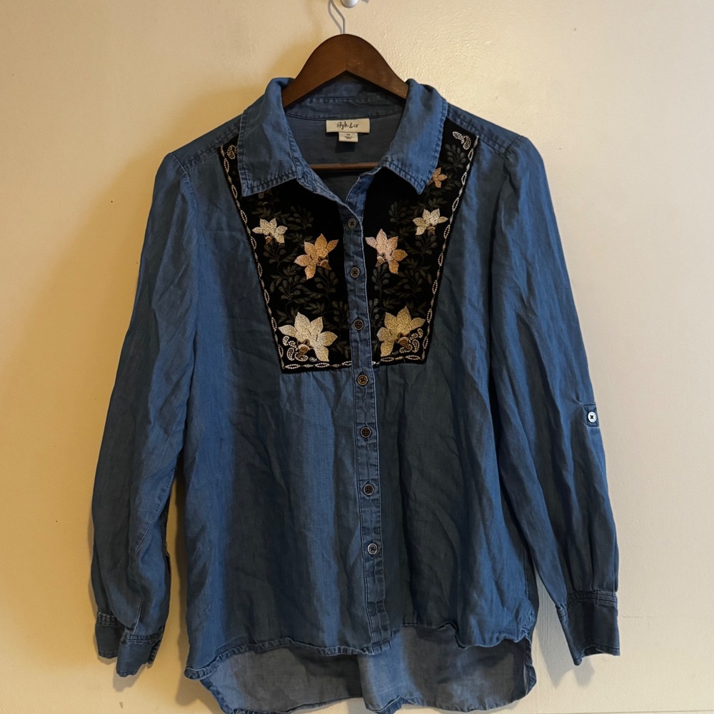 Style & Co Women's M Chambray Floral Embroidered Velvet Button Down Shirt Fall
